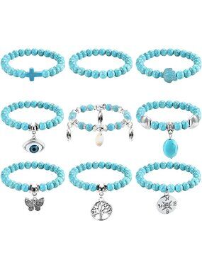 9 Pcs Turquoise Bracelet for Women Bohemian Stretch Round Bracelets
